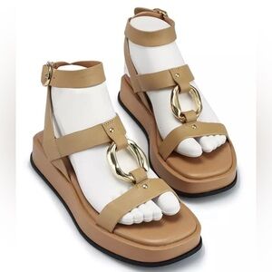 Zara Leather Embellished Flatform Sandals Tan Size 38 or 7.5 in Women’s